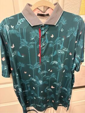 Greyson Teal Flamingo & Palm Print Polo